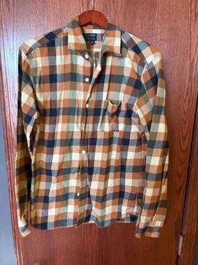 J. Crew Men's Plaid Flannel Shirt in Brown, Green & Navy